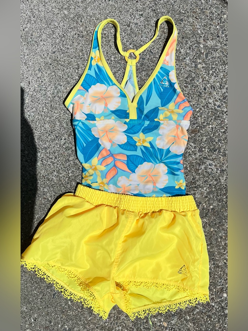 SO Girls One-Piece Swim with Yellow Shorts - Blue Floral